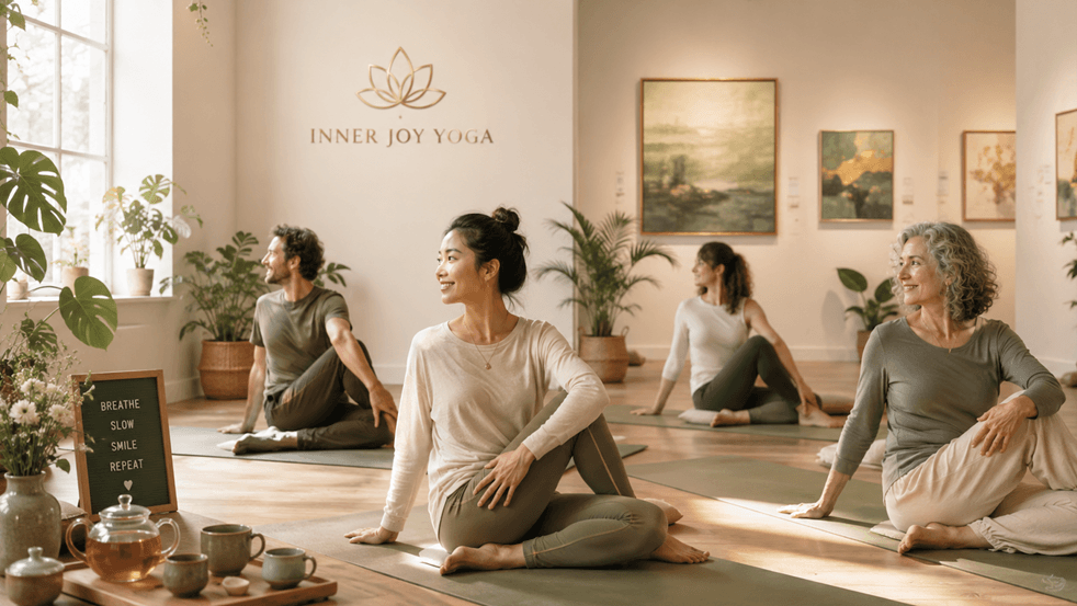 Students practising yoga at Colour Your World Art Gallery in Elwood, with the Inner Joy Yoga lotus mark on the wall, plants and tea in the foreground